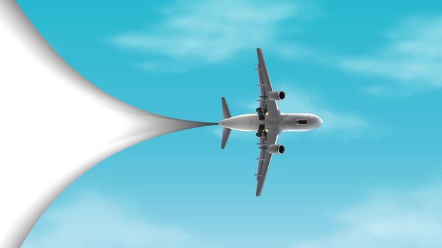 A white passenger airplane flying in a clear blue sky, leaving a contrail behind it, viewed from above.