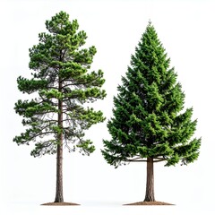 Two distinct evergreen trees, a tall pine and a dense fir, standing majestically against a pristine white background, showcasing their natural beauty and unique foliage.