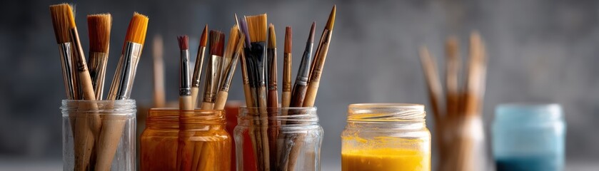 Fototapeta premium Group of paint brushes collection of various brushes for applying paint suitable for artists and crafters