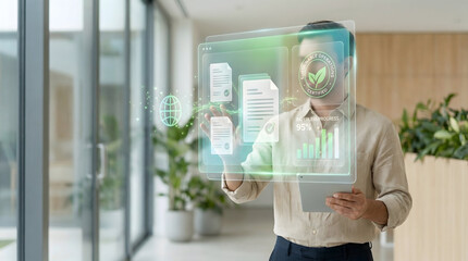 Sustainable operations certified concept displayed on futuristic holographic interface held by businessman