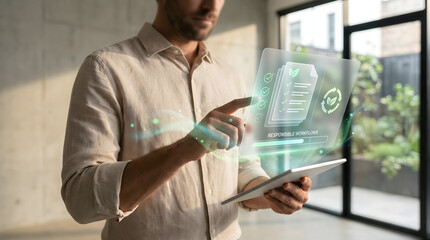 Man interacting with virtual responsible workflow checklist on tablet promoting green business practices