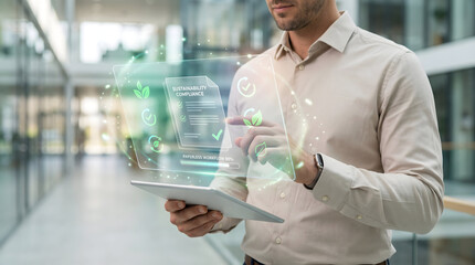 Businessman using tablet with holographic interface showing sustainability compliance and paperless workflow data