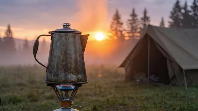 Vintage metal coffee percolator boiling on portable gas stove at misty campsite during golden sunrise