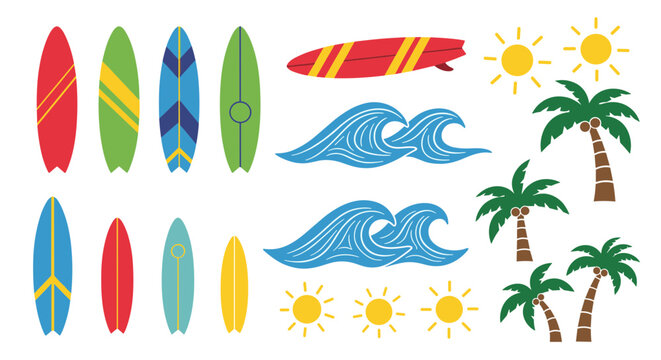 Colorful surfboards, waves, suns, and palm trees on white background.