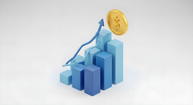 3D Isometric Financial Growth Chart with Golden Dollar Coin on White Background