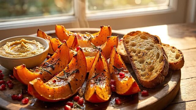 Roasted pumpkin wedges appetizer platter with hummus dip toasted sourdough bread and pomegranate seeds on wooden table near window