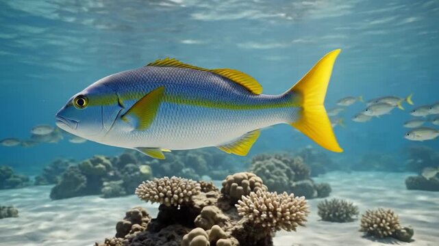 Vibrant Yellowtail Snapper Fish Swimming Over Coral Reef in Clear Blue Ocean