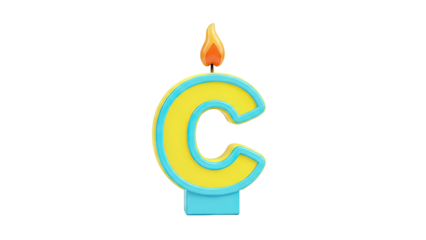 Yellow and blue letter 'C' candle with a lit flame