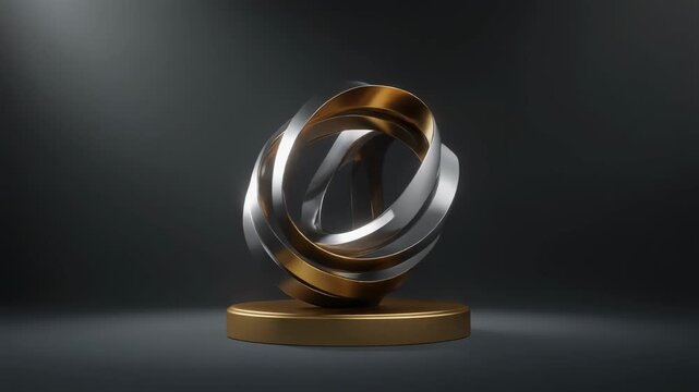 &ldquo;Minimalist rotating 3D sculpture combining titanium and dark gold, spotlight dramatic light