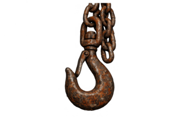 Rusty metal industrial lifting hook and chain detailed, showing heavy duty weathered equipment with transparent background