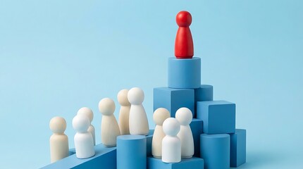 Abstract representation of social hierarchy with red pawn positioned at highest level of blue blocks representing elite status and successful career progression above common white figures