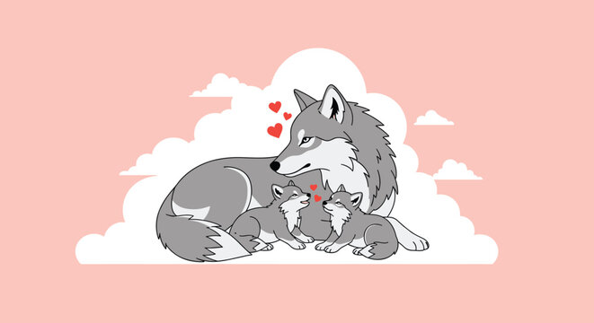 Loving mother wolf lying down with her two adorable cubs, surrounded by hearts on a soft pink background for Mother's Day.