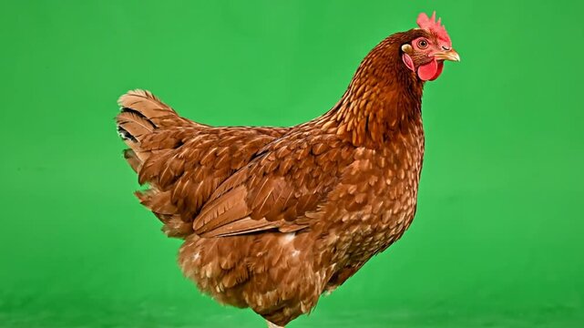 Brown Chicken Standing On Green Background Farm Bird Domestic Animal Nature Portrait Video