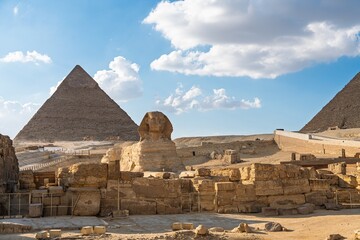 Discover the Giza Necropolis with its majestic pyramids and the mysterious Sphinx. This image...
