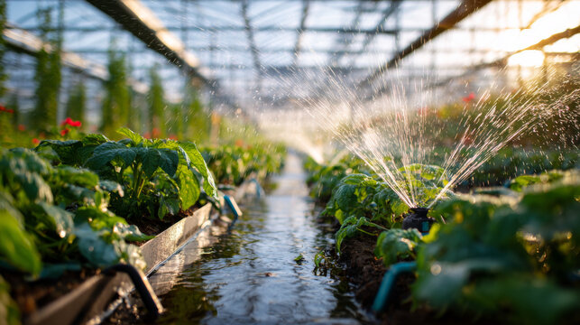 Greenhouse irrigation system watering lush vegetable plants sunlight, vibrant and fresh