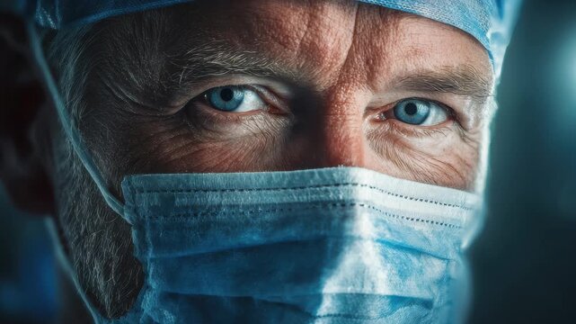Senior male surgeon with focused expression prepares for a critical operation in hospital surgical suite during early morning hours