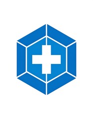Obraz premium A stylized medical symbol featuring a white cross set inside a blue polygon, with a hexagon outline. The design has a 3D aesthetic