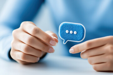 Person holds blue speech bubble with dots, symbolizing communication and messaging. image conveys sense of engagement