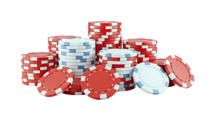 Stacks of Red and White Poker Chips on White Background