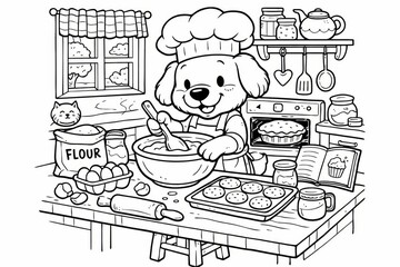 Whimsical line illustration of a happy puppy in a chef hat stirring batter at a busy kitchen counter, perfect for kids? cookbooks, bakery branding, or coloring activities.