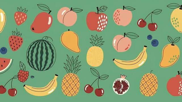 Vibrant Fruit Pattern Loop Motion Graphic Fun Colorful Summer Background