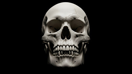 Obraz premium Detailed frontal view of a weathered human skull with visible cracks and texture isolated on a dark background