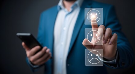 Businessman interacting with futuristic interface on smartphone