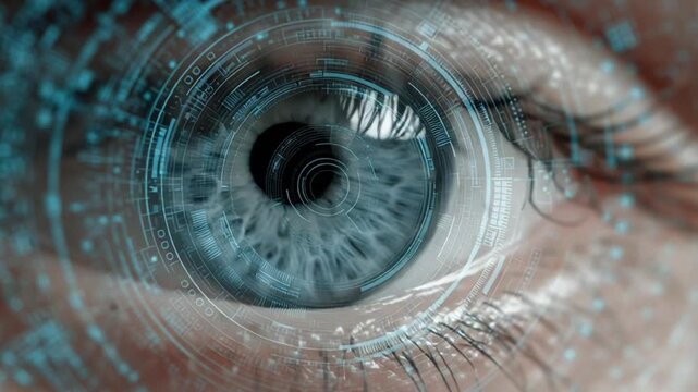 Close-up of futuristic eye with digital code in iris
