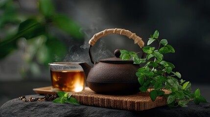 Warm Teapot with Fresh Green Herbs and Steaming Cup of Tea on a Rustic Wooden Tray