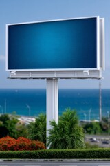 Fototapeta premium Large empty billboard rises above a coastal road with lush greenery and calm blue sea, ideal for advertising, outdoor campaigns, or travel and resort promotions.