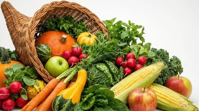 Cornucopia horn of plenty overflowing with fresh autumn harvest vegetables and fruits on white background