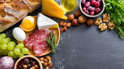Vibrant Assortment of Fresh Food Ingredients for a Rustic Mediterranean Feast on a Dark Slate Background