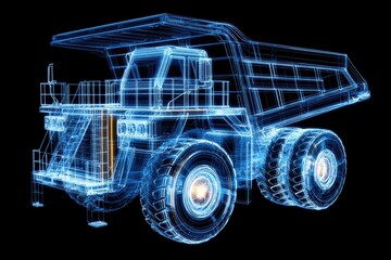 3D model of a dump truck showing wireframe design and structure in a dark setting