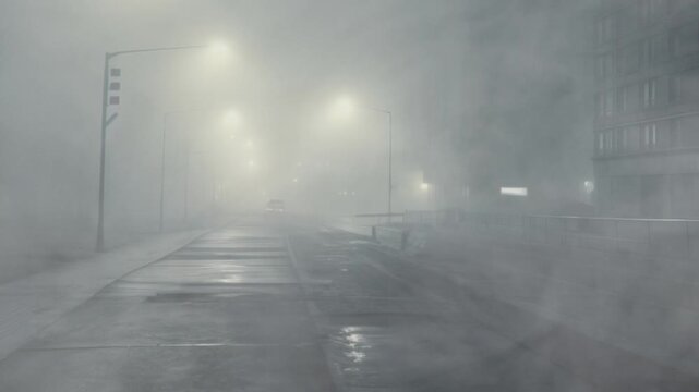 An empty city street is shrouded in thick fog at night, with glowing streetlights creating a mysterious and atmospheric scene for horror or noir films