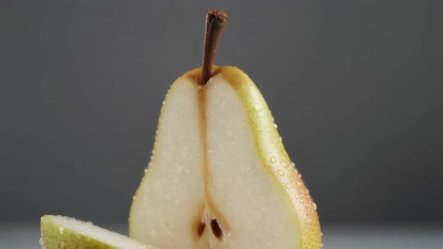 &ldquo;Satisfying ASMR cutting fresh pear, crispy resonant snap, cold condensation droplets, slow