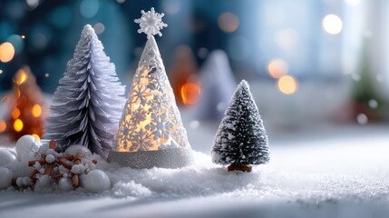 Cozy Christmas Decor with Miniature Trees and Sparkling Snow in Holiday Atmosphere