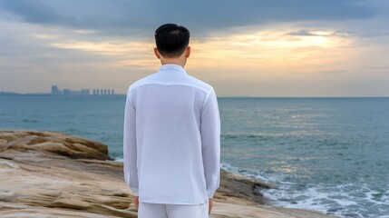 Fototapeta premium Silhouette of a man in linen shirt standing by seashell-strewn shore at dusk, glowing rim light, cinematic composition, fine-art photography style