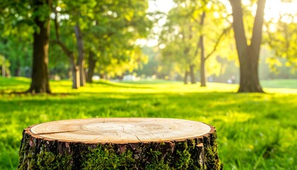 A sunlit park with a tree stump in the foreground, providing a natural surface. The background is blurred, showing trees & grass