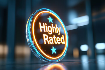 Highly rated badge glowing with bright colors, symbolizing quality and excellence in products or services