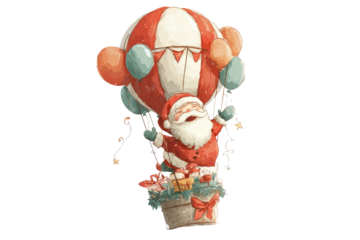 Santa flies in a hot air balloon with gifts and balloons during the holiday season, bringing cheer and joy to the celebration