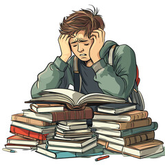 Student young man surrounded by books prepares for exams and has a funny stressed and desperate look , vector style simple color