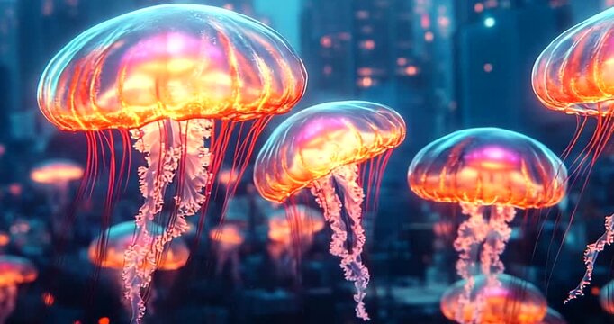 Colorful jellyfish swimming in a vibrant cityscape
