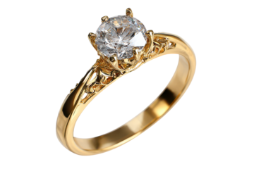 Elegant gold ring with a large diamond sitting prominently on a plain background, capturing intricate details of the design and sparkle