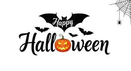 Fototapeta premium Happy halloween greeting with bats, pumpkin, and spiderweb isolated on white background