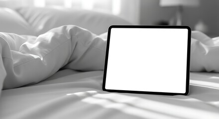 Fototapeta premium Blank Tablet Screen on a Messy Bed with Sunlight.