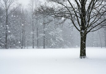 Heavy white flakes descend upon a serene winter landscape covering the ground and trees in fresh powdery snow during a heavy seasonal blizzard ,snow ,blanket ,clean