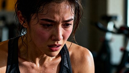 face of sweaty woman catching breath in gym