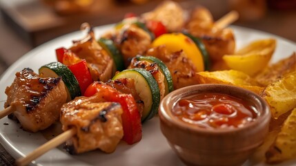 Grilled chicken skewers with vegetables in warm lighting on white plate with dipping sauce for food blog