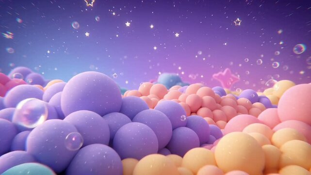 Whimsical rainbow landscape with pastel clouds and bubbles