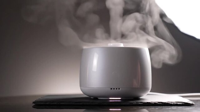A white humidifier emits steam against a dark gradient backdrop. It sits on a dark stone, lit below